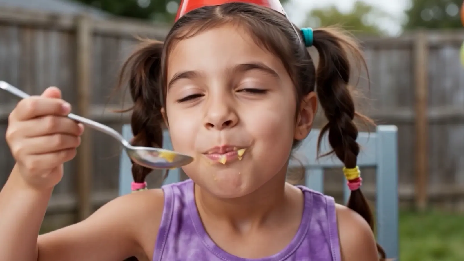 Frame from the Domo AI film: a garden birthday, a girl with pigtails and her first spoonful of custard