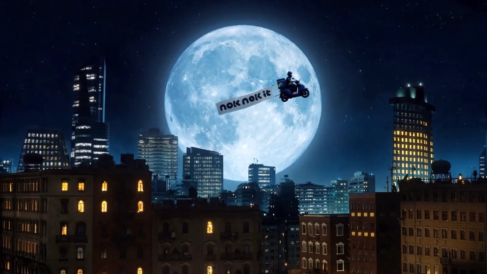 Frame from the noknok AI film: a delivery scooter crossing a full moon above a sleeping city