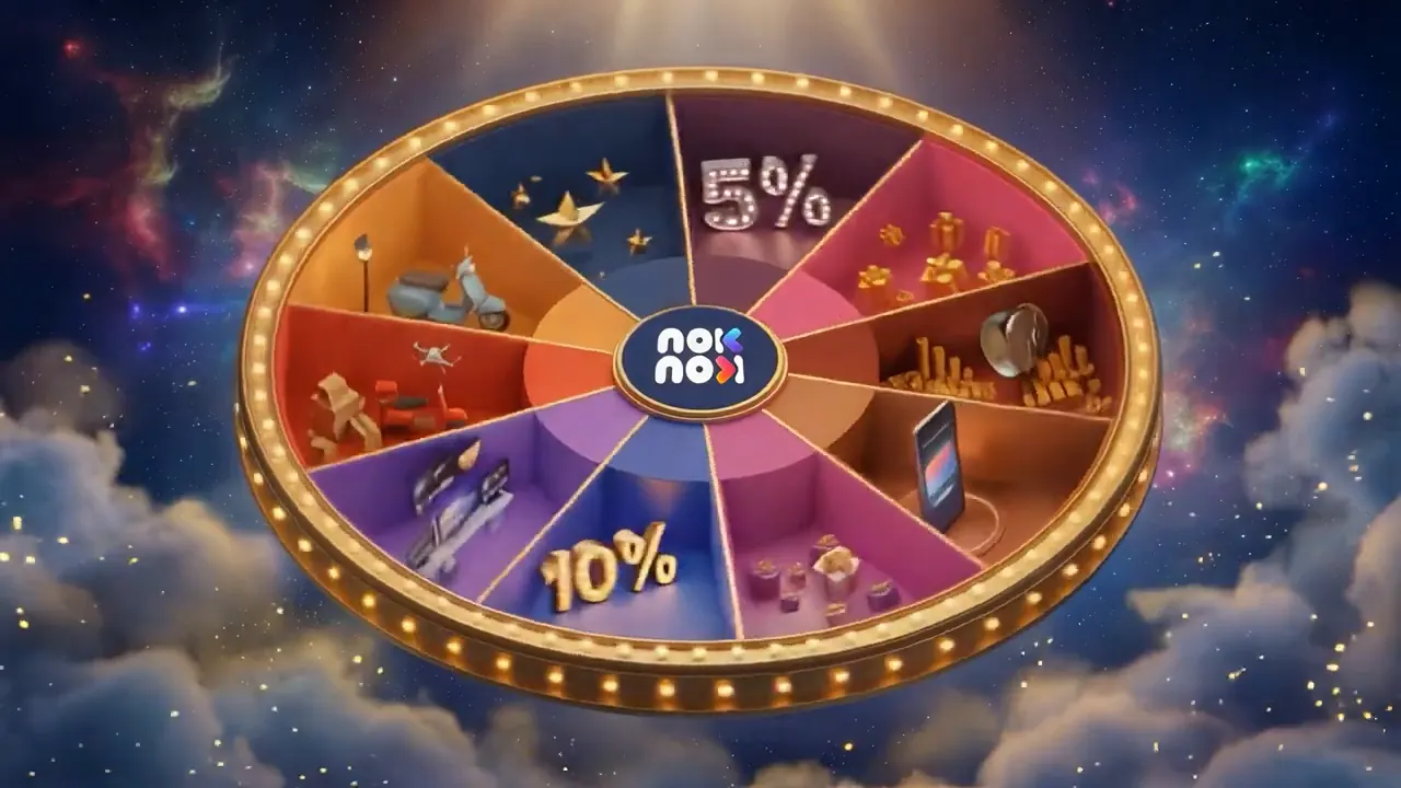 Frame from the noknok AI film: a prize wheel spinning above the clouds, gold lights, Ramadan night